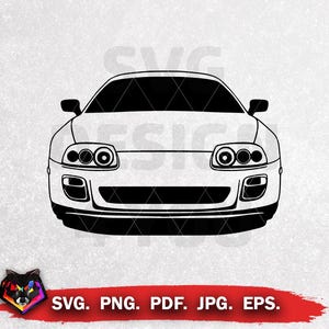 Pode incluir: Ilustração a preto e branco de um carro desportivo, visto de frente. O carro tem faróis redondos e uma grelha dianteira proeminente. A imagem inclui o texto "SVG. PNG. PDF. JPG. EPS."