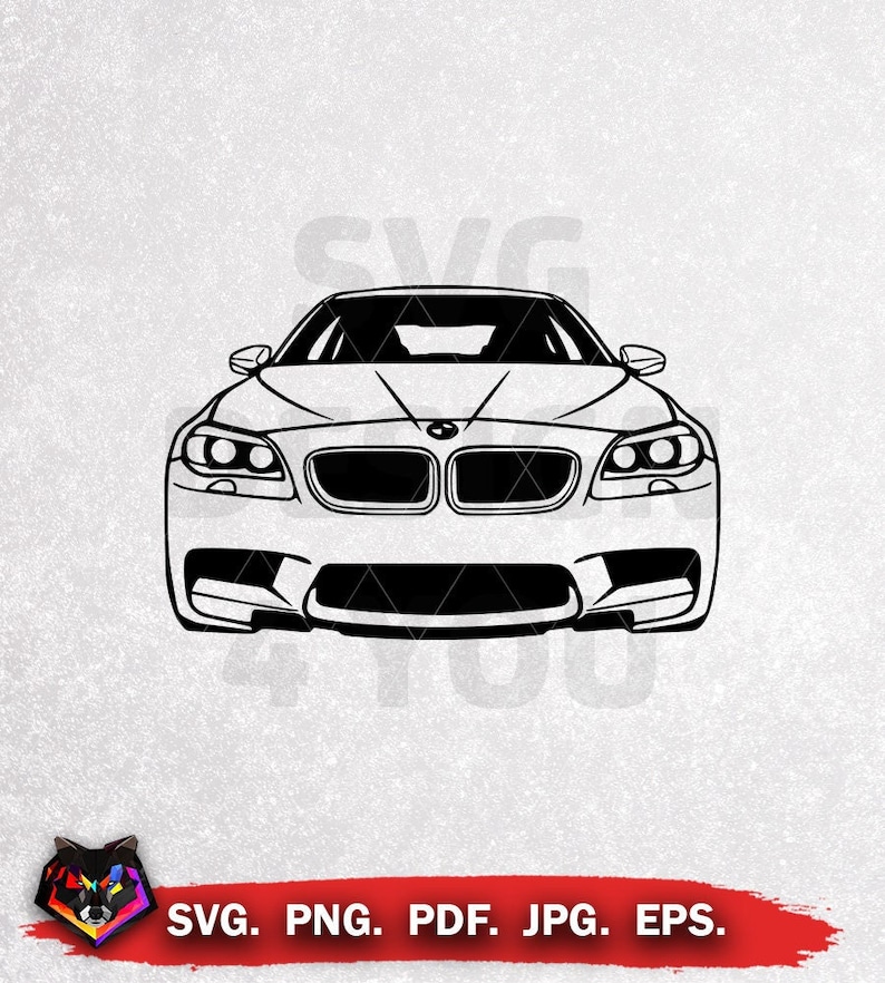 May include: Black and white line art illustration of the front of a BMW M5 car. The car has a large front grille with the BMW logo in the center.