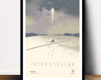 May include: A minimalist poster with a muted color palette depicting a rocket launching into a starry night sky. The poster features the text "Interstellar" and "IMAX" with a small logo.