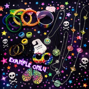 May include: A collection of colorful fashion jewelry, including bracelets, necklaces, and earrings, arranged on a black surface with star and skull accents. The jewelry features rainbow, leopard, and smiley face designs. The text "EXAMPLE ONLY" is visible.