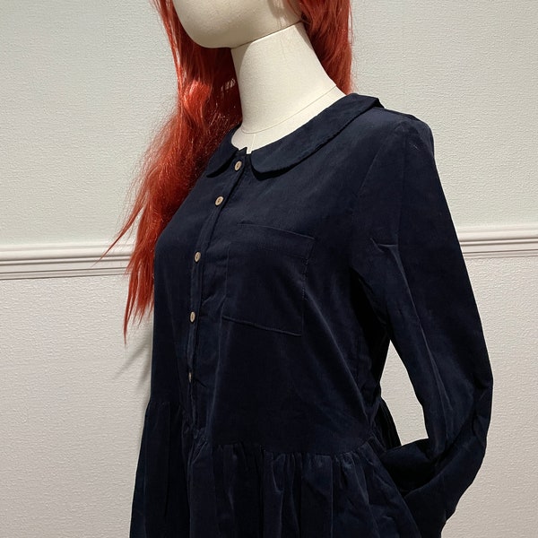 Countryside Dark Blue Colour Corduroy Long Sleeves Dress