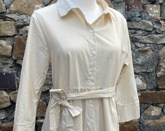 Cotton Linen Lady’s Beige Shirt Long Dress