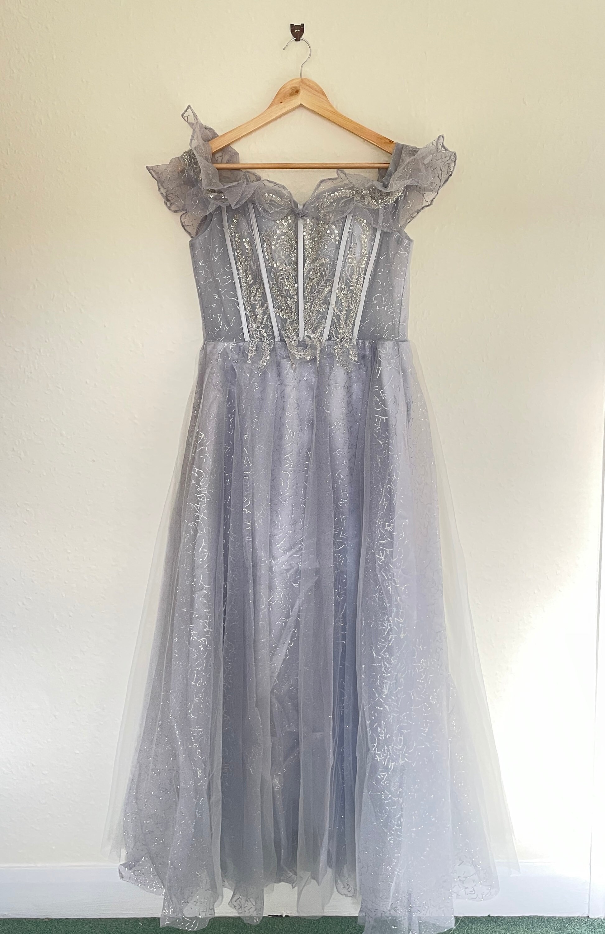 15697 Grey Silvery Tulle Evening Gown