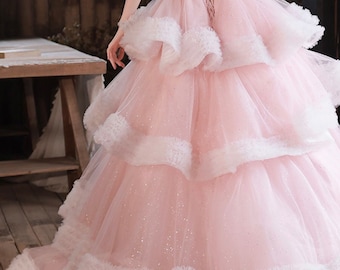 Luxury Light Pink Tulle Dress, Cocktail Dress, bridal Gown, Wedding Dress, Party Dress, Ruffle dress