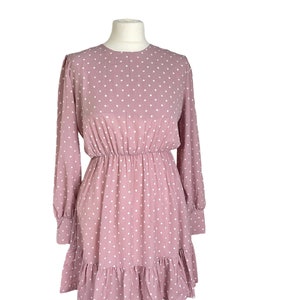 Pink Polka Dot Long Sleeves Dress with Riffles