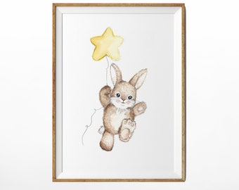 Kinderbild "Hase greife nach den Sternen" , Kinderzimmer Bild, Wanddeko, Tierbild, Aquarell, hochauflösend, Farbe wählbar, DIN A4 + A5