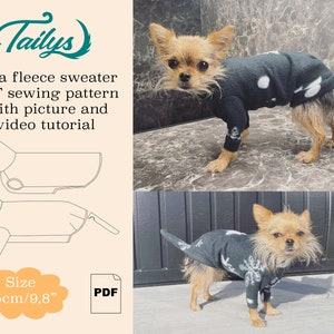 以下が含まれることがあります： 小型犬用のフリースセーターのPDF縫製パターン。パターンには写真とビデオチュートリアルが含まれています。パターンは、サイズが25cmまたは9.8インチのセーター用です。