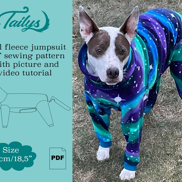 47cm/18,5inch Opal fleece jumpsuit for your dog PDF Sewing pattern with written/picture instructions and video tutorial