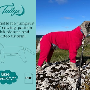 以下が含まれることがあります： 犬用の赤いフリースジャンプスーツで、サイズは45cm（17.7インチ）です。犬はジャンプスーツを着て、岩の多い地面に立っています。画像には、ジャンプスーツのパターンの線画と、「Tailys Baggisfleece jumpsuit PDF sewing pattern With picture and video tutorial Size 45cm/17,7" PDF」というテキストが含まれています。