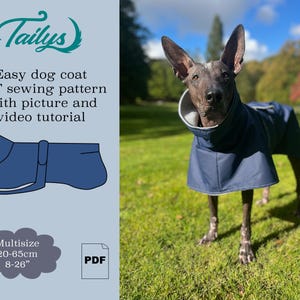 Puede incluir: Un patrón de costura para un abrigo de perro azul con una imagen y un tutorial en video. El patrón es para un abrigo de varios tamaños que se adapta a perros de 20 a 65 cm.