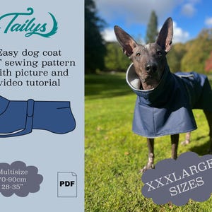 Könnte beinhalten: Ein blaues Hunde-Mantel-Nähmuster PDF mit Bild und Video-Tutorial. Das Muster ist für einen Mantel in mehreren Größen, 28-35 Zoll oder 70-90 cm. Das Muster ist für XXXL-Größen.