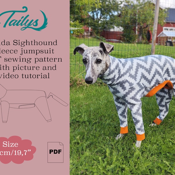 50cm/19,7inch Tilda Sighthound Fleece Jumpsuit for your Whippet PDF Sewing pattern with written instructions and video tutorial
