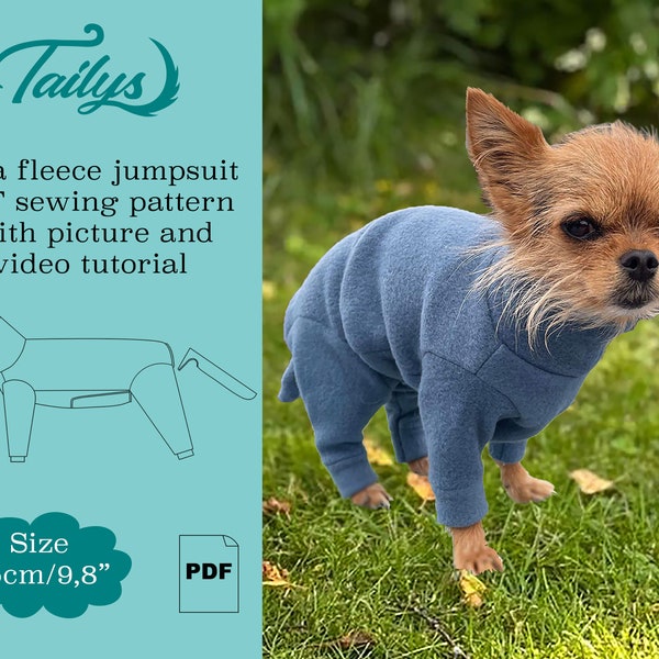 25cm/9,8inch Nala fleece jumpsuit for your dog PDF Sewing pattern with written/picture instructions and video tutorial