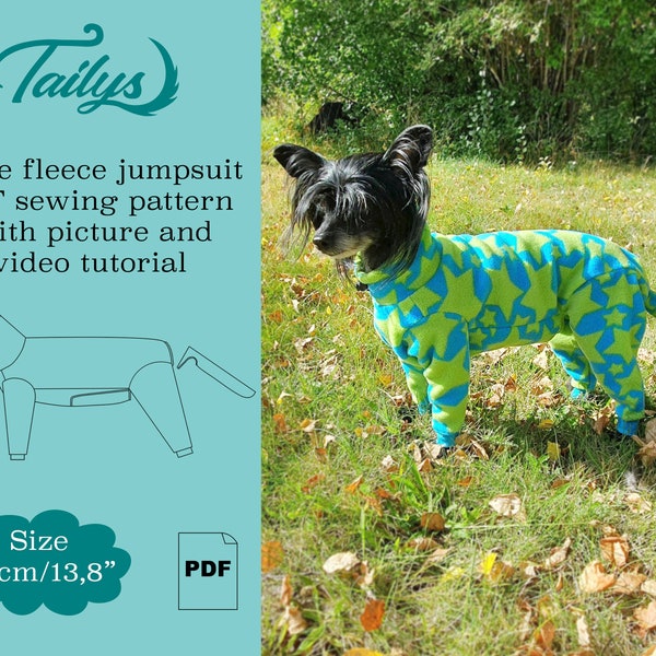 35cm/13,8inch Jodie fleece jumpsuit for your dog PDF Sewing pattern with written and video tutorial