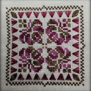 Può includere: Un ricamo a punto croce con un motivo ripetitivo di fiori stilizzati in tonalità di marrone e rosa. Il disegno è incorniciato da un bordo di punti marroni e rosa.
