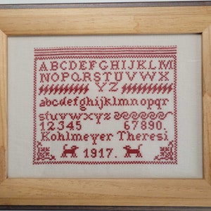 May include: A framed cross-stitch sampler with the alphabet, numbers, and the text "Kohlmeyer Theresa 1917." The sampler is stitched in red thread on white fabric.