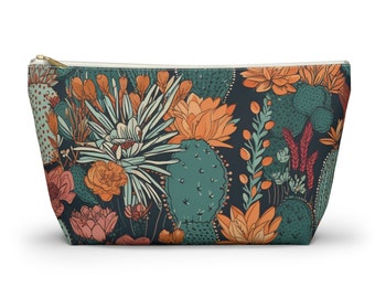 Western Pouch With T-bottom Simple Zipper Makeup Bag With Desert Aesthetic Teal And Sand Cactus Pattern