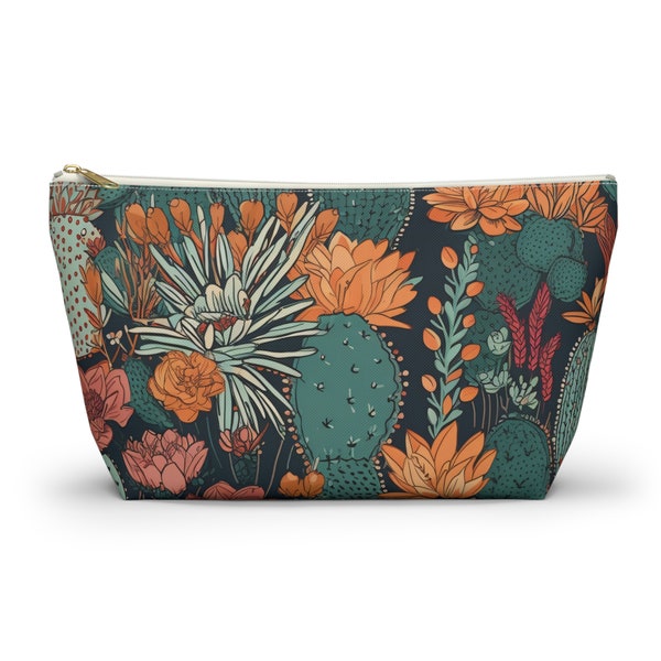 Western Pouch With T-bottom Simple Zipper Makeup Bag With Desert Aesthetic Teal And Sand Cactus Pattern