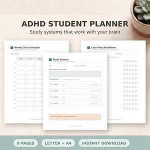 May include: An ADHD student planner with white pages featuring dark green headers and text. The pages include a Weekly Class Schedule, Study Session, and Exam Prep Breakdown. The text reads ADHD STUDENT PLANNER, Study systems that work with your brain.