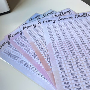 May include: A stack of printed paper sheets titled Penny Saving Challenge, featuring a grid of individual oval bubbles each labeled with incremental monetary values starting from £0.01, set against a soft, watercolour-style pink and purple background.