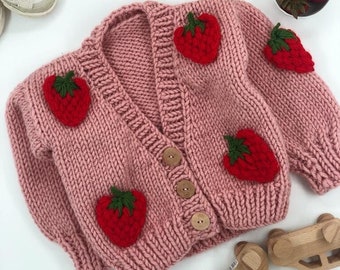 Baby knit cardigan, baby cardigan, pink baby cardigan, strawberry cardigan, pink knit cardigan,