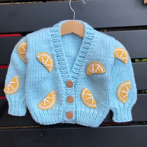 Wool unisex baby cardigan, lemon patterned knitted children's cardigan, thick knit baby cardigan, Wool baby cardigan - baby sweater