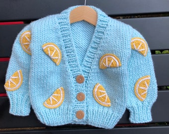 Cárdigan bebé unisex de lana, cárdigan infantil punto estampado limón, cárdigan bebé punto grueso, Cárdigan bebé lana - jersey bebé