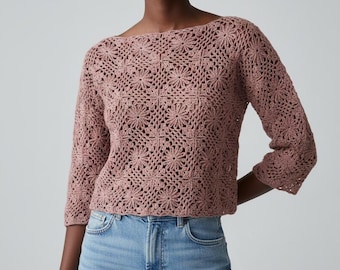 Gehäkelte Bluse | Handgefertigtes Sommer Top, elegante Häkelspitze für Boho Style, Häkelspitze Top, Perfekt für Strand Cover Up, Langarm Bluse