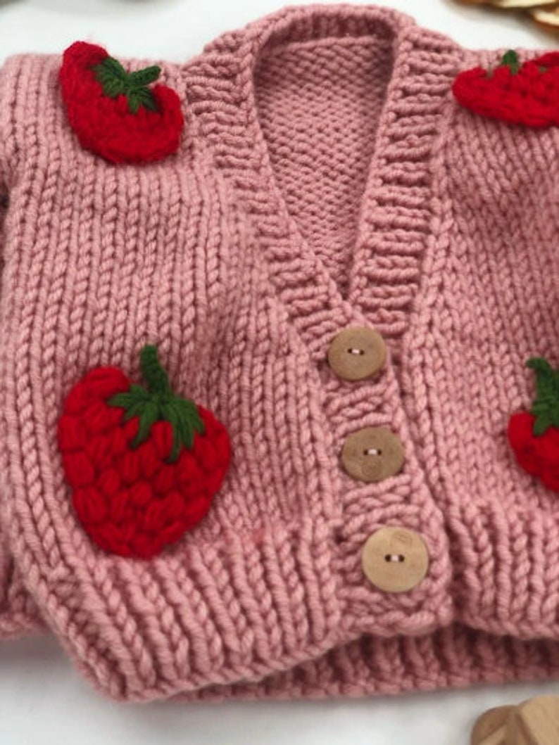 Pink Knit Cardigan for Baby and Kids - Strawberry Design - Wool Children's Cardigan - Birthday Gift