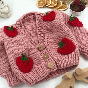 Pink Knit Cardigan for Baby and Kids - Strawberry Design - Wool Children's Cardigan - Birthday Gift