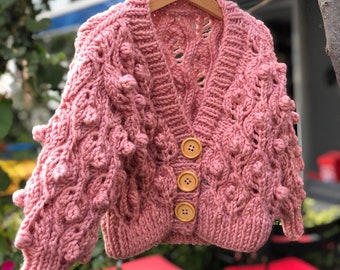 Cardigan pour filles avec motif de feuilles roses en laine, cardigan en tricot pour enfants, cardigan en tricot épais, cardigan en laine - pull