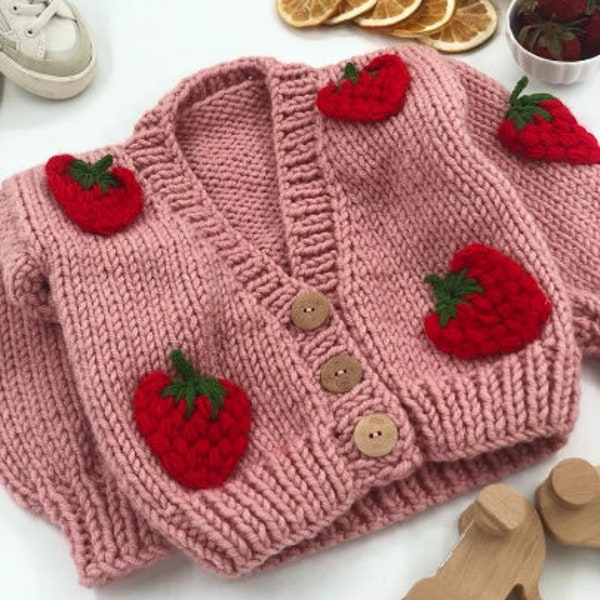 Pink Knit Cardigan for Baby and Kids - Strawberry Design - Wool Children's Cardigan - Birthday Gift