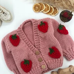 Pink Knit Cardigan for Baby and Kids - Strawberry Design - Wool Children's Cardigan - Birthday Gift