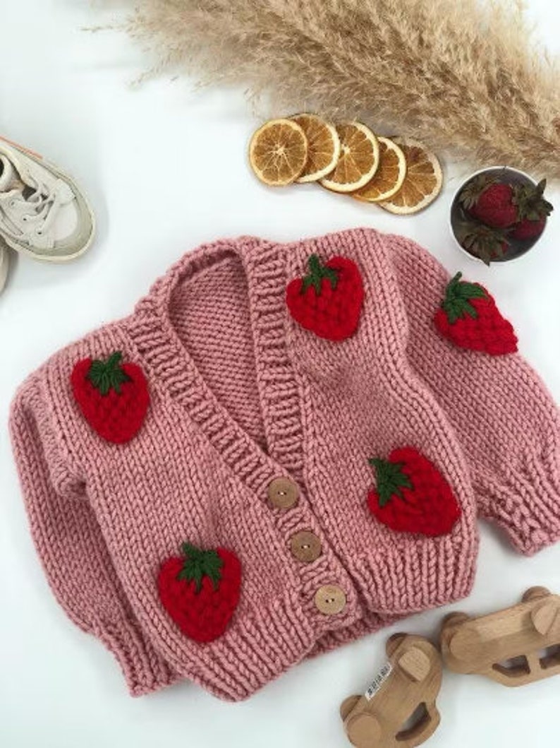 Pink Knit Cardigan for Baby and Kids - Strawberry Design - Wool Children's Cardigan - Birthday Gift