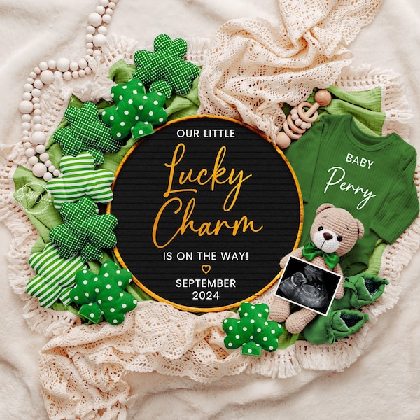 Lucky Charm St Patricks Day Baby Announcement Digital, Pregnancy Announcement Template for Social Media, Spring Baby Reveal Idea, Our Little