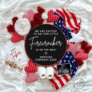 Fourth of July Pregnancy Announcement Digital, Patriotic Baby Announcement Editable Template for Social Media, Firecracker, Baby Reveal