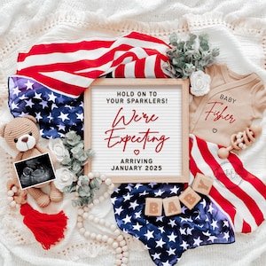 Fourth of July Pregnancy Announcement Digital, Patriotic Baby Announcement Editable Template for Social Media, We're Expecting, Baby Reveal