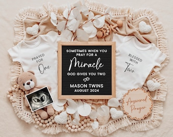 Anuncio de embarazo gemelo milagroso digital, orado por anuncio de bebé Plantilla editable para redes sociales, revelación de gemelos, descarga digital