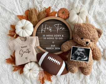 Football Pregnancy Announcement: Fall 20 Weeks Halftime Baby Reveal (Digital Editable Canva Template)