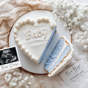 Cake Baby Boy Gender Reveal Digital Pregnancy Announcement, Vintage Heart Cake Reveal, Blue Announcement for Social Media, Instant Download