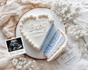 Baby Boy Gender Reveal: Vintage Heart Cake Announcement (Digital Download)