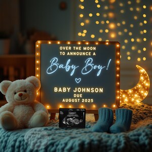 Baby Boy Ankündigung Digital, über dem Mond und den Sternen, es ist ein Junge, blaue Ankündigung, digitale Schwangerschaftskarte, überraschte Schwangerschaft offenbaren