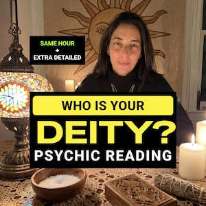 May include: A person with dark hair wearing a black turtleneck, positioned behind a table with a mosaic lamp, a wooden bowl of salt, a carved wooden box, a sage bundle, and white candles. Text reads: SAME HOUR + EXTRA DETAILED WHO IS YOUR DEITY? PSYCHIC READING.
