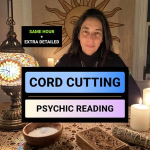 May include: A psychic reading service advertisement featuring the text SAME HOUR + EXTRA DETAILED and CORD CUTTING PSYCHIC READING. The image includes a person, a colorful mosaic lamp, white candles, a wooden bowl with salt, and a carved box.