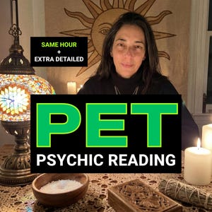 May include: A person in a black turtleneck sweater with a sun tapestry background. Text reads: SAME HOUR + EXTRA DETAILED, PET PSYCHIC READING. A mosaic lamp, a wooden bowl with white salt, a white candle, and a carved wooden box are visible.