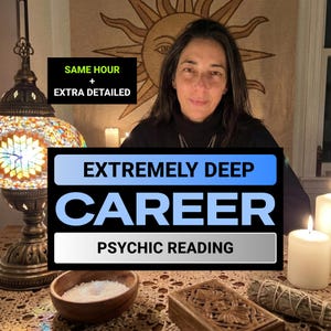 May include: A psychic reading service advertisement featuring text that reads SAME HOUR + EXTRA DETAILED and EXTREMELY DEEP CAREER PSYCHIC READING. The image includes a mosaic lamp, a wooden bowl with white salt, a wooden box, and a white candle.