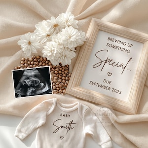 Brewing Something Special Coffee Pregnancy Announcement Digital, Editable Baby Reveal Template for Social Media and Coffee Theme
