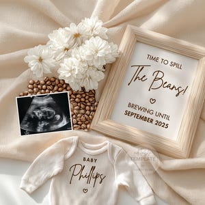 Time to Spill the Beans Coffee Pregnancy Announcement, Digital Baby Reveal Template, Funny Custom Baby News for Coffee Lovers
