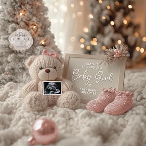 Weihnachtsmädchen Schwangerschaftsankündigung Digital, Urlaub Baby Reveal, Baby bearbeitbares Design, digitale Karte für werdende Eltern Großeltern
