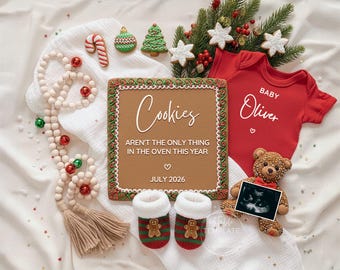 Anuncio de embarazo navideño / Galletas en el horno / Plantilla digital navideña divertida